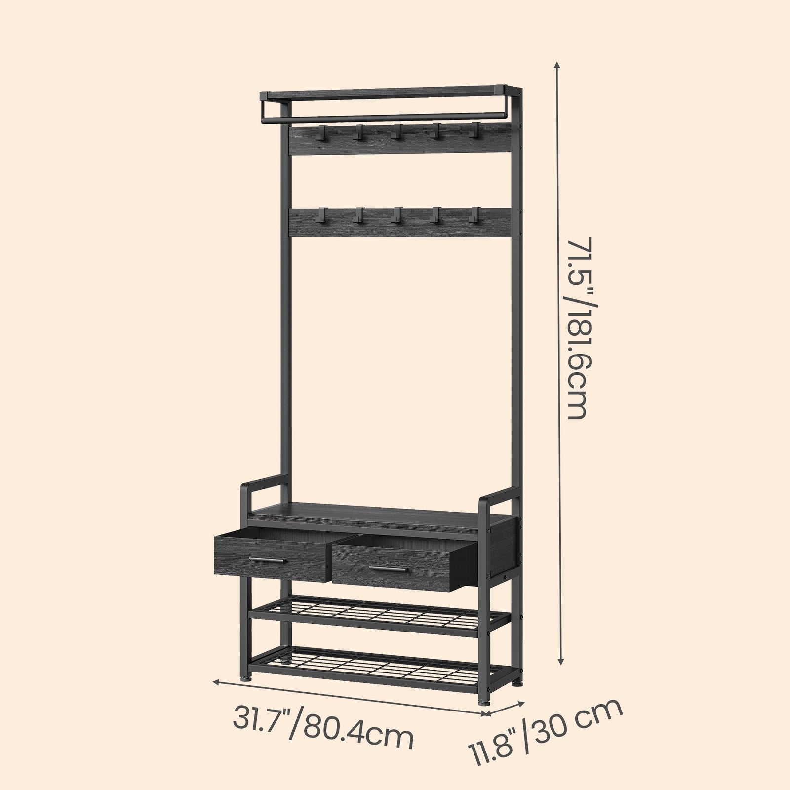 Coat Rack with Shoe Bench – Engineered Wood – Dark Gray – Includes Drawers and Hooks