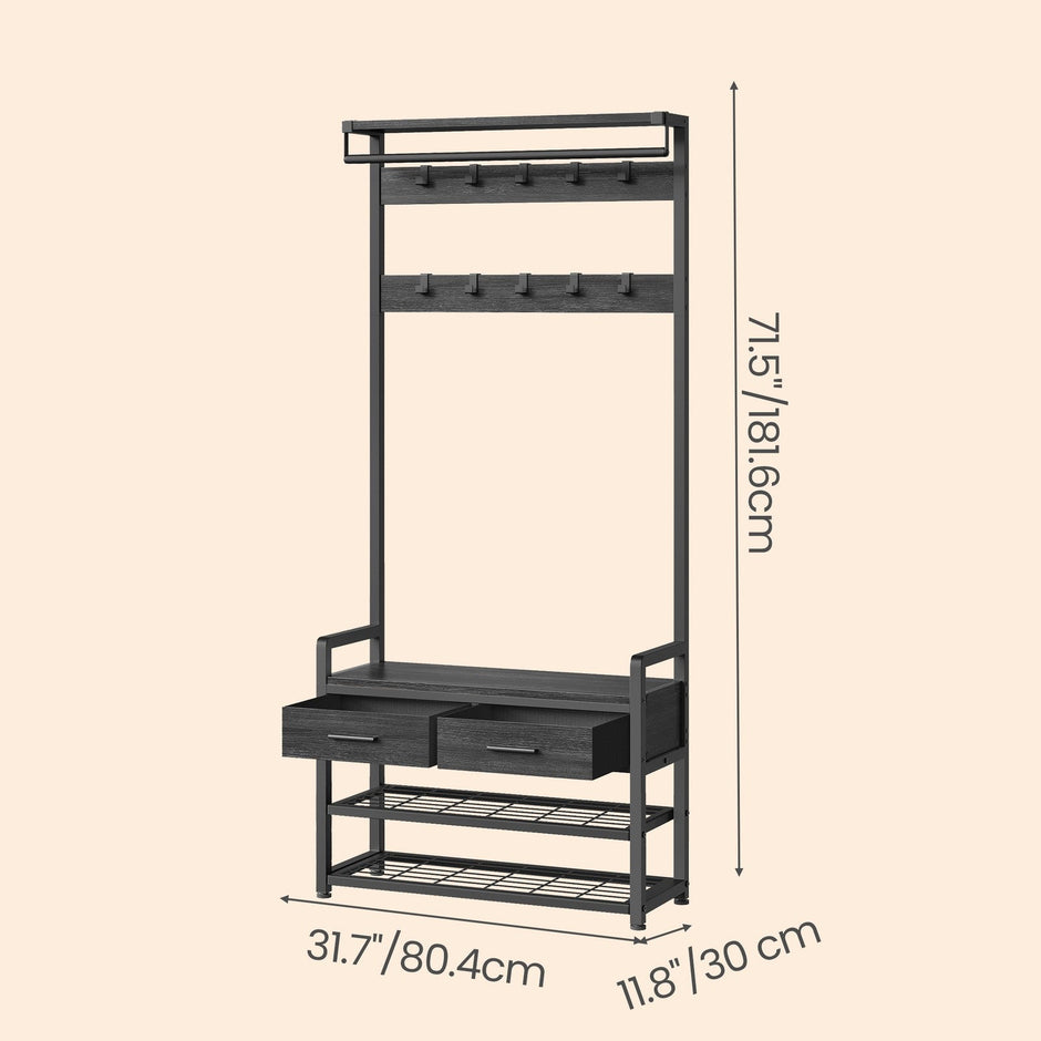Coat Rack with Shoe Bench – Engineered Wood – Dark Gray – Includes Drawers and Hooks
