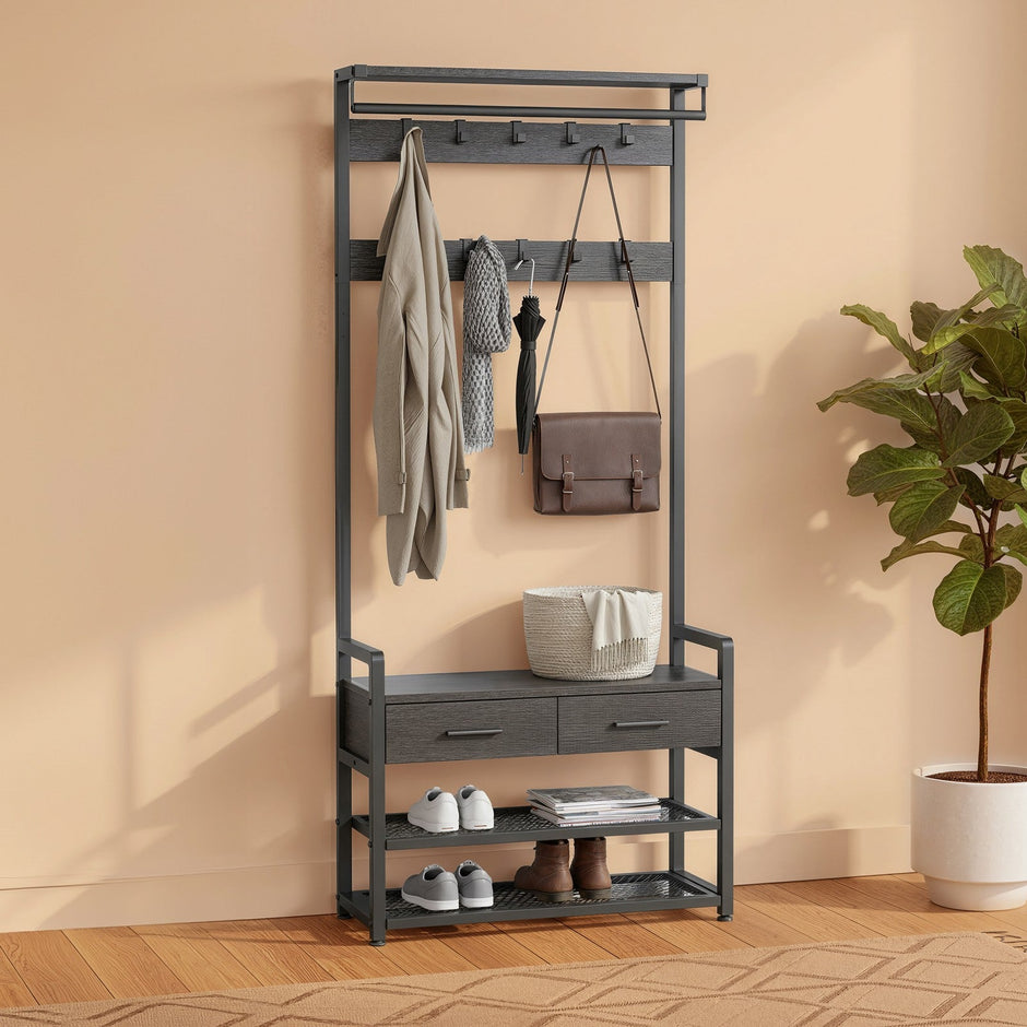 Coat Rack with Shoe Bench – Engineered Wood – Dark Gray – Includes Drawers and Hooks