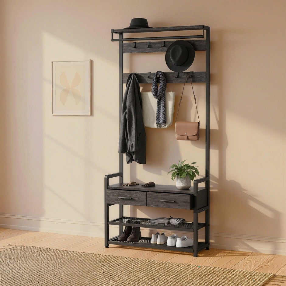 Coat Rack with Shoe Bench – Engineered Wood – Dark Gray – Includes Drawers and Hooks