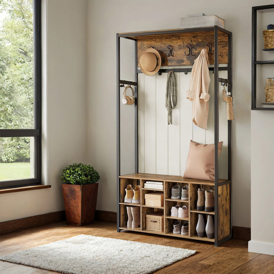 Coat Rack with Shoe Storage Cabinet – Wood – Rustic Brown and Ink Black – Industrial Style, Space Saving Design