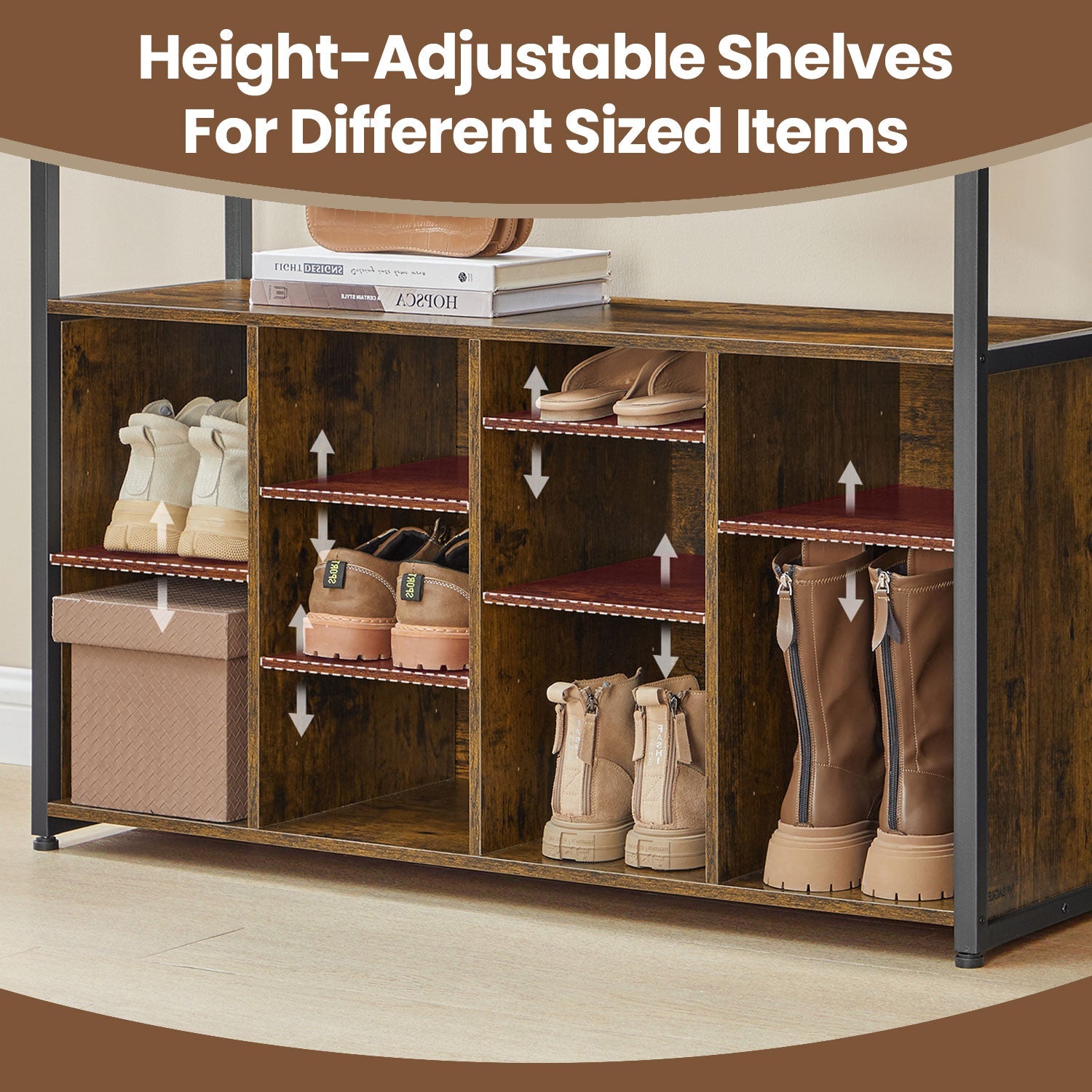 Coat Rack with Shoe Storage Cabinet – Wood – Rustic Brown and Ink Black – Industrial Style, Space Saving Design