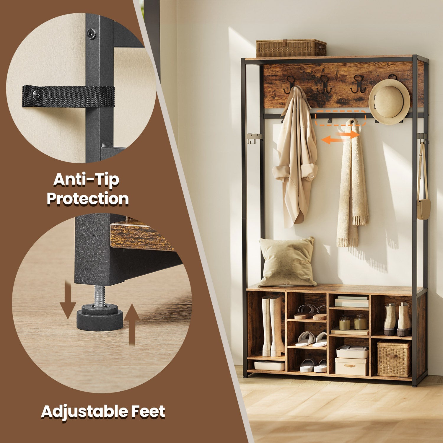 Coat Rack with Shoe Storage Cabinet – Wood – Rustic Brown and Ink Black – Industrial Style, Space Saving Design
