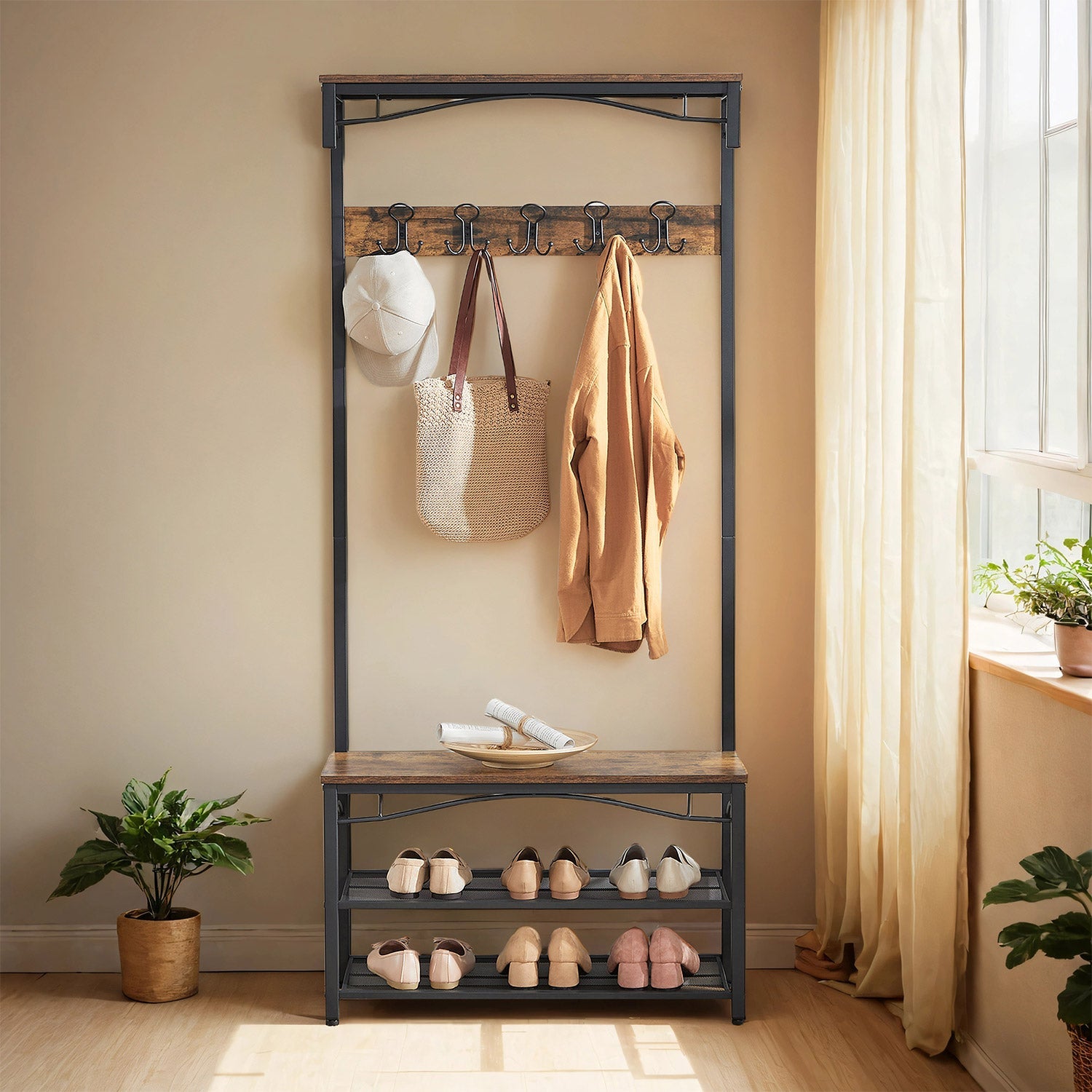Coat and Shoe Rack with Bench – Metal and Wood – Brown – Vintage Design with Shelves and Hooks