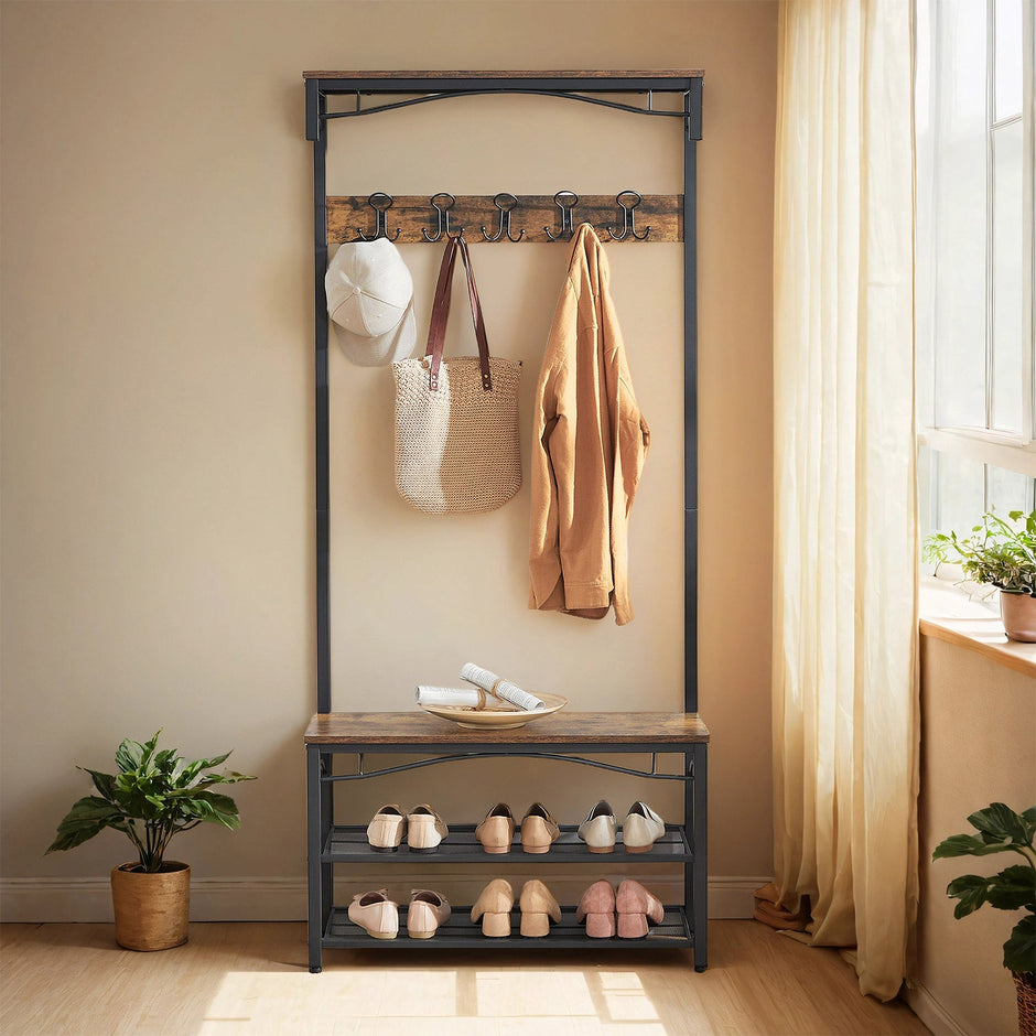 Coat and Shoe Rack with Bench – Metal and Wood – Brown – Vintage Design with Shelves and Hooks