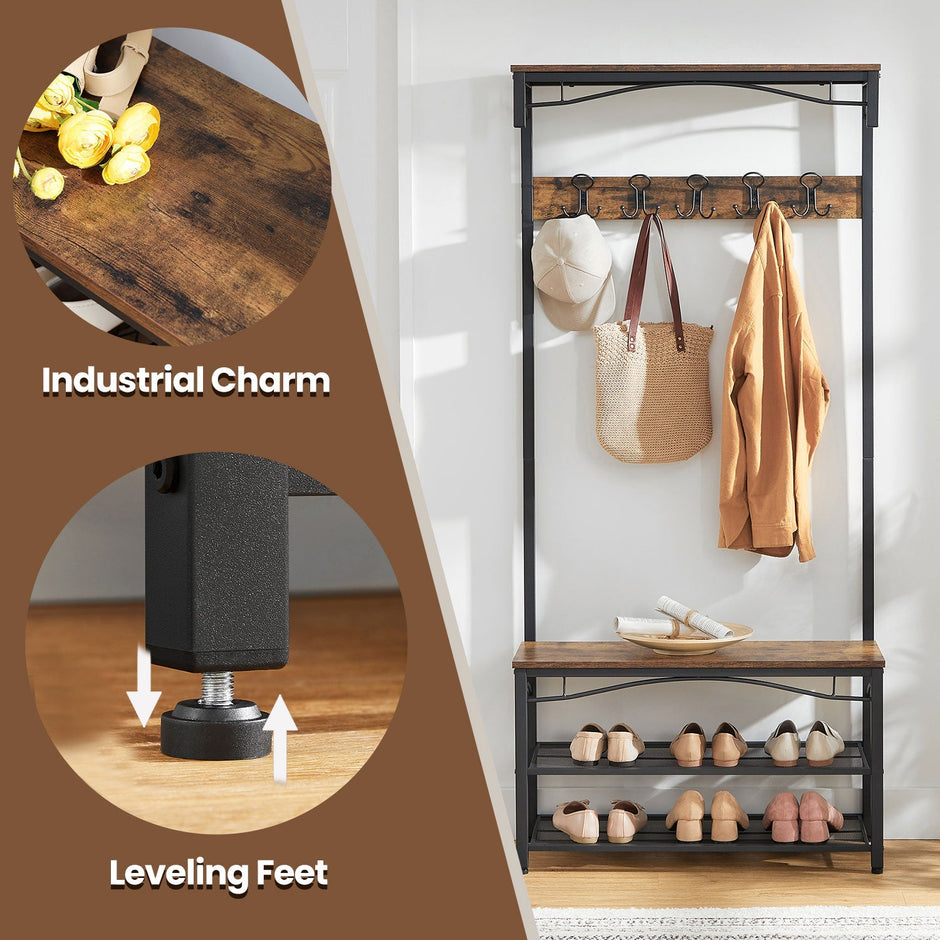 Coat and Shoe Rack with Bench – Metal and Wood – Brown – Vintage Design with Shelves and Hooks