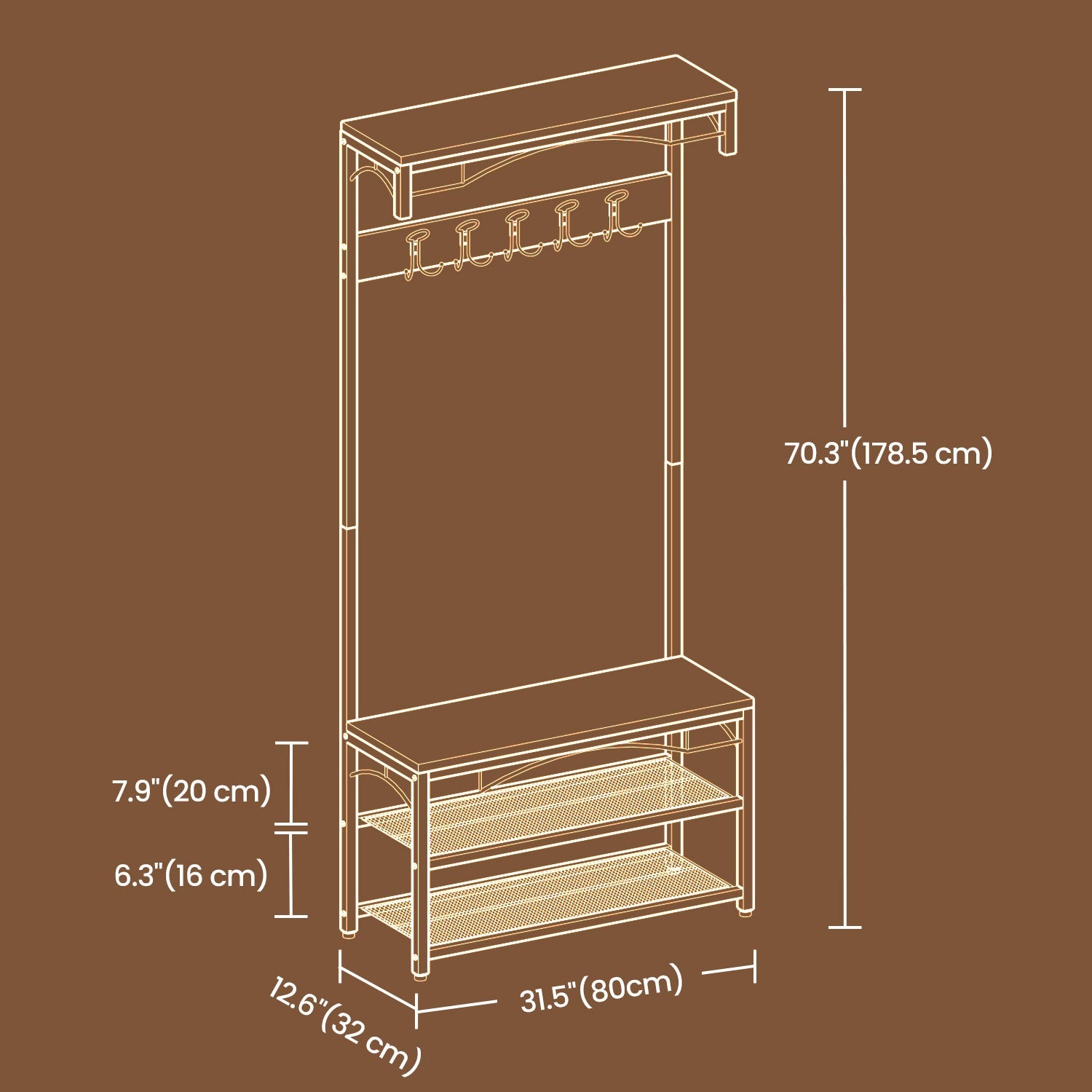 Coat and Shoe Rack with Bench – Metal and Wood – Brown – Vintage Design with Shelves and Hooks