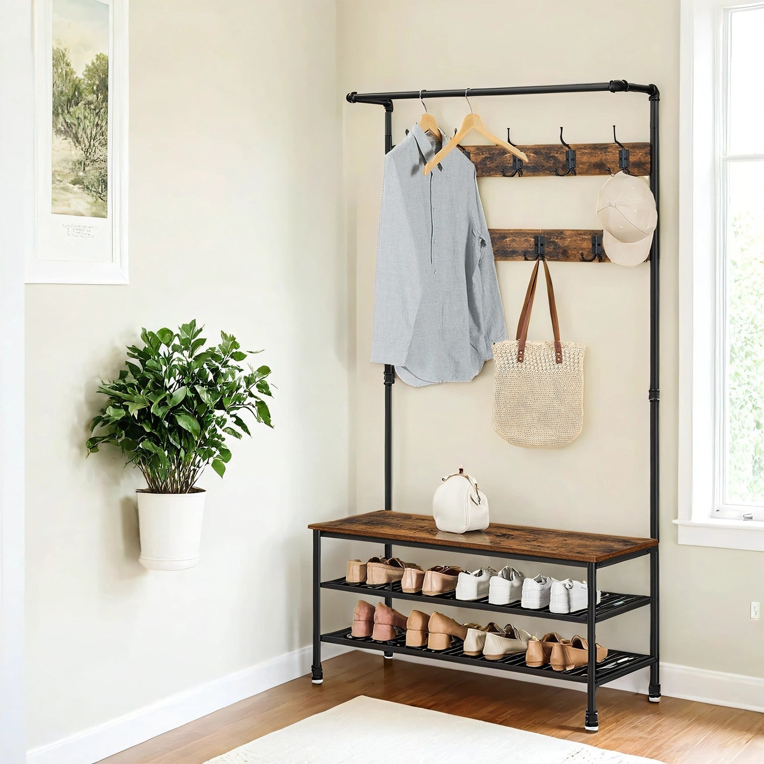 Hall Tree – Steel – Industrial Style – Multifunctional with Shoe Storage and 9 Hooks