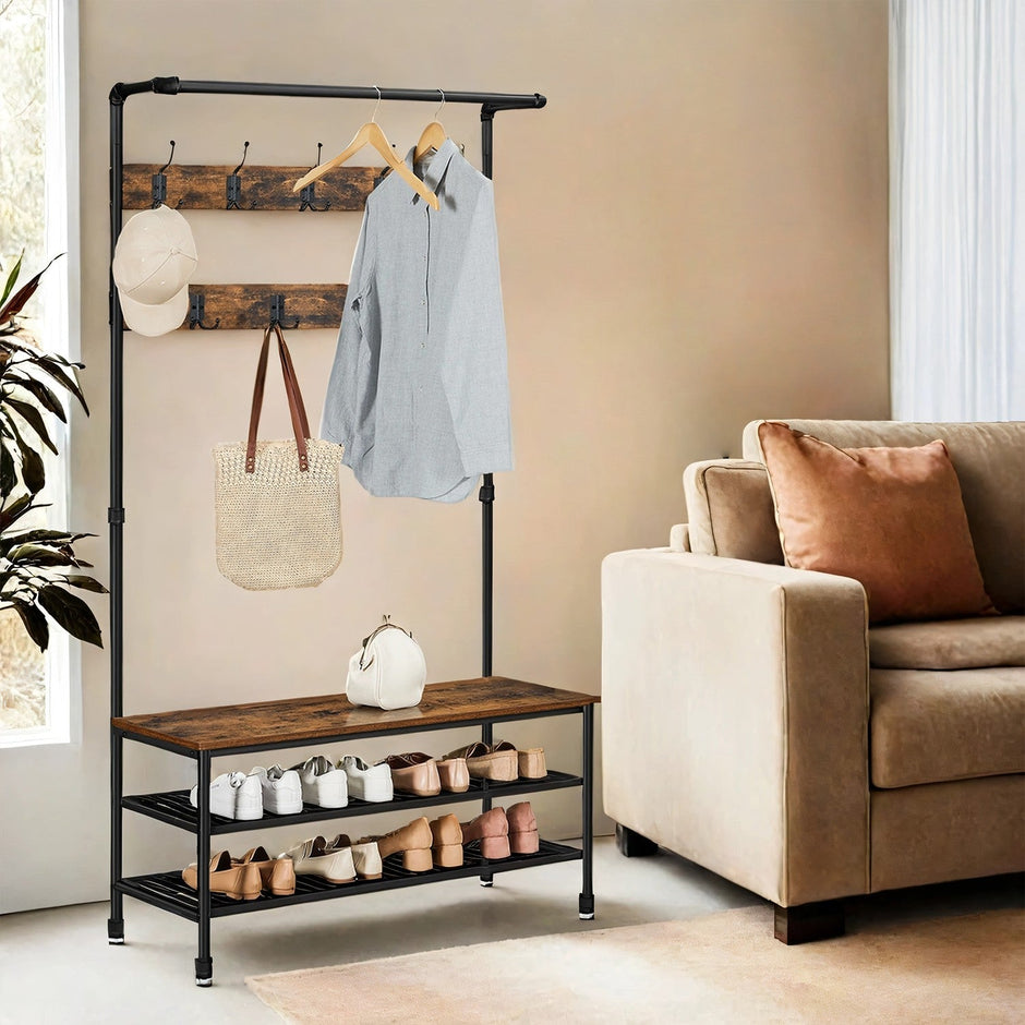 Hall Tree – Steel – Industrial Style – Multifunctional with Shoe Storage and 9 Hooks