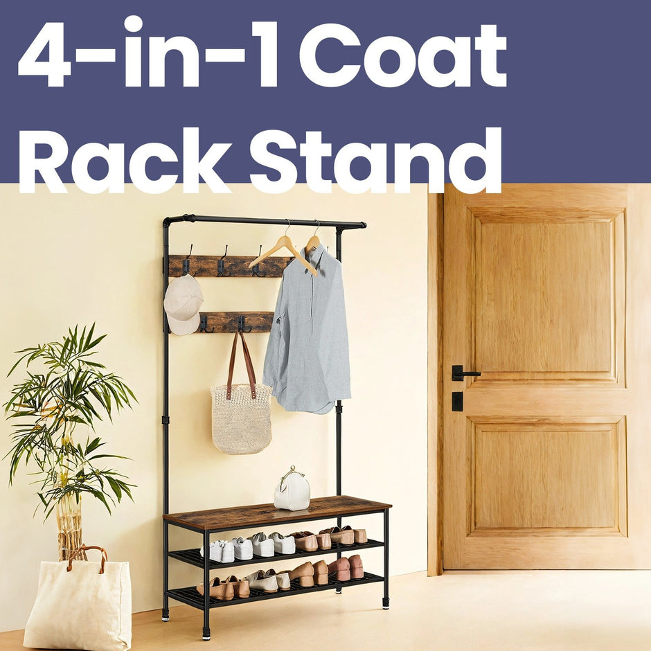 Hall Tree – Steel – Industrial Style – Multifunctional with Shoe Storage and 9 Hooks