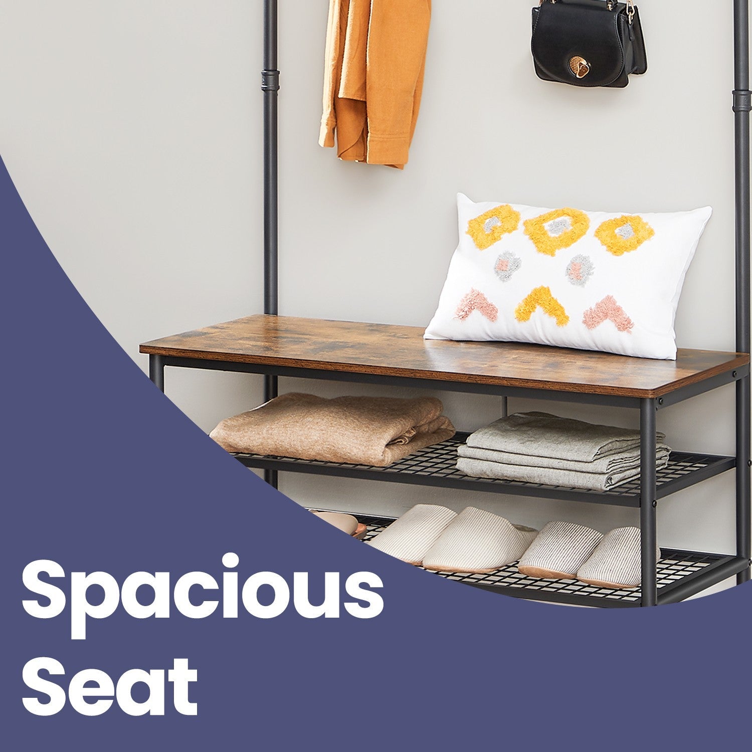 Hall Tree – Steel – Industrial Style – Multifunctional with Shoe Storage and 9 Hooks