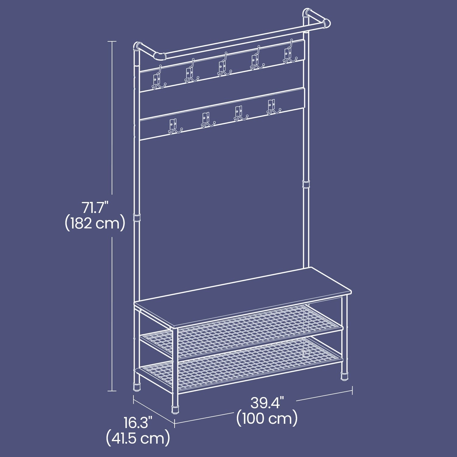 Hall Tree – Steel – Industrial Style – Multifunctional with Shoe Storage and 9 Hooks
