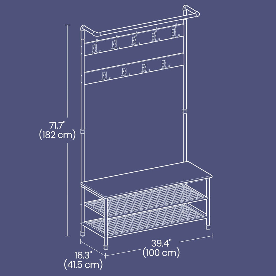 Hall Tree – Steel – Industrial Style – Multifunctional with Shoe Storage and 9 Hooks