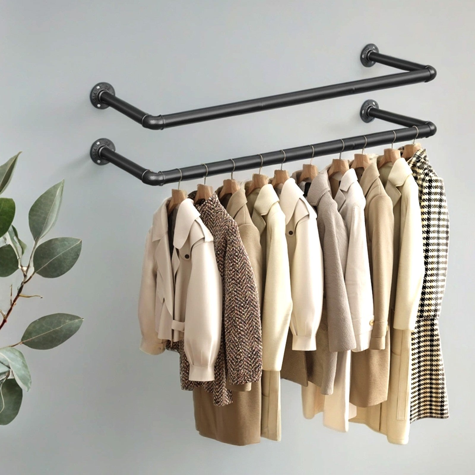 Industrial Pipe Clothes Hanging Rail – Metal – Black – Heavy-Duty Wall-Mounted Design, Set of 2, Space-Saving 92 x 30 x 7.5 cm