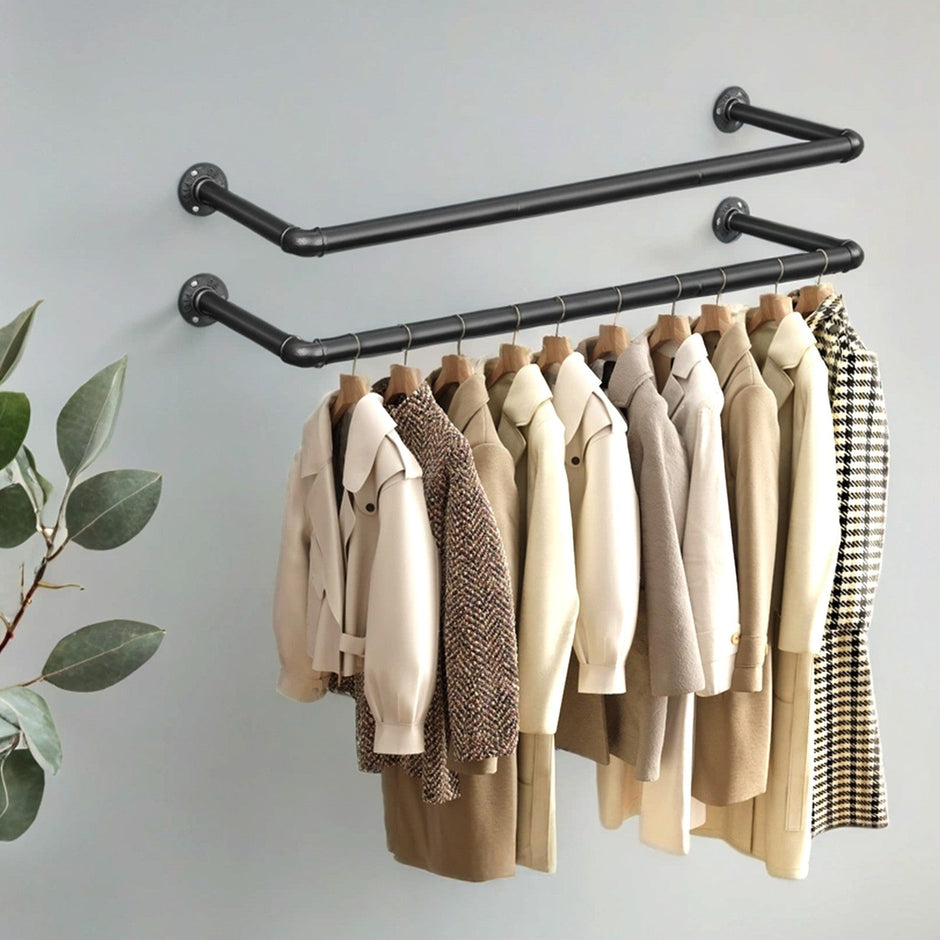 Industrial Pipe Clothes Hanging Rail – Metal – Black – Heavy-Duty Wall-Mounted Design, Set of 2, Space-Saving 92 x 30 x 7.5 cm