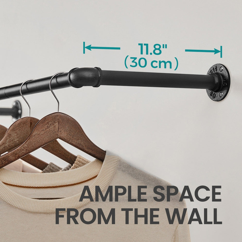 Industrial Pipe Clothes Hanging Rail – Metal – Black – Heavy-Duty Wall-Mounted Design, Set of 2, Space-Saving 92 x 30 x 7.5 cm