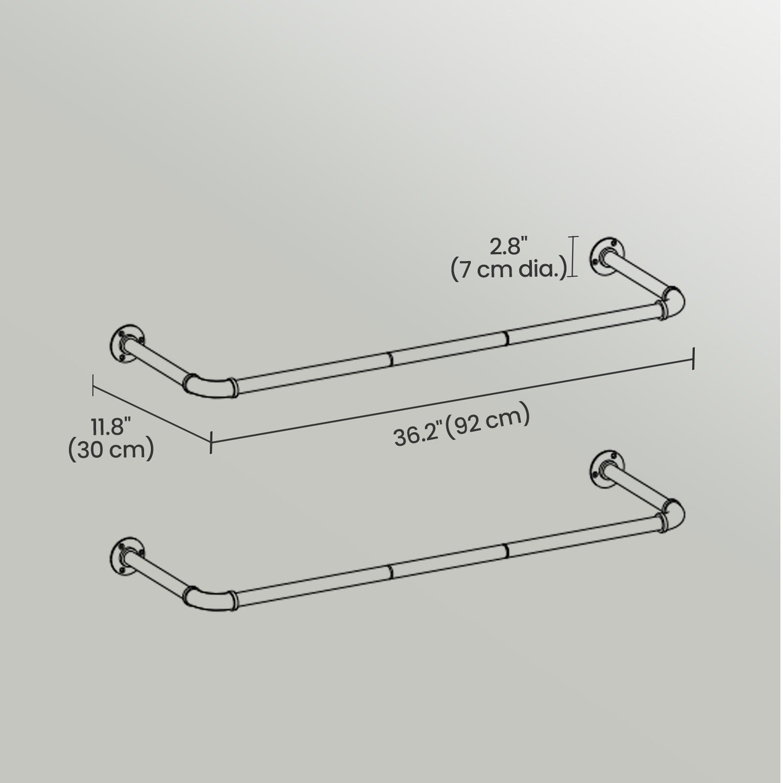 Industrial Pipe Clothes Hanging Rail – Metal – Black – Heavy-Duty Wall-Mounted Design, Set of 2, Space-Saving 92 x 30 x 7.5 cm