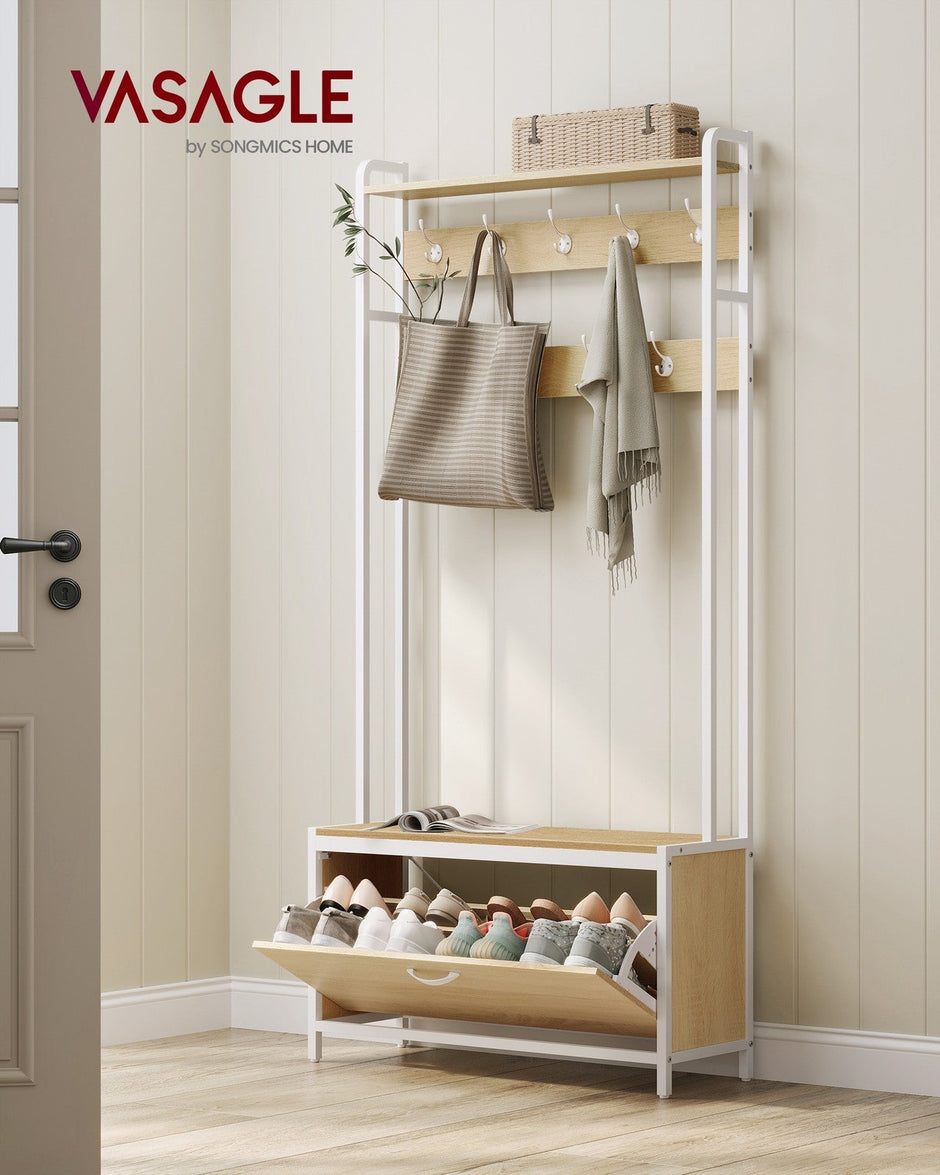 Coat Rack with Shoe Storage – Wood – Golden Oak and Cloud White – Industrial Style with Bench and 9 Hooks