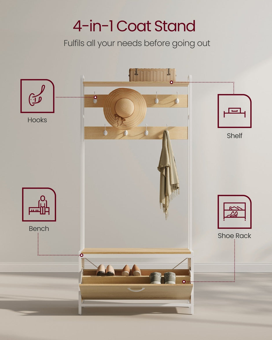 Coat Rack with Shoe Storage – Wood – Golden Oak and Cloud White – Industrial Style with Bench and 9 Hooks