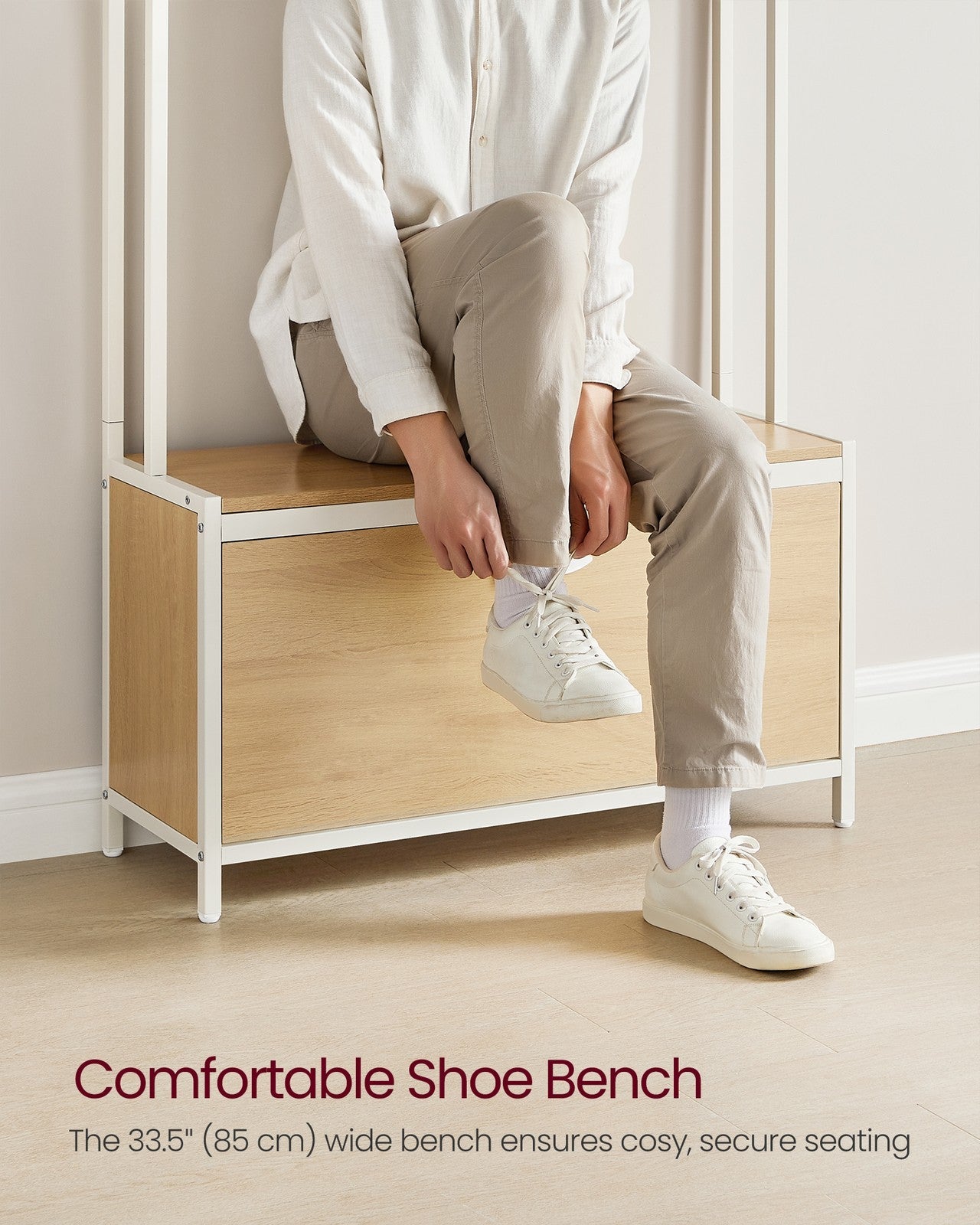 Coat Rack with Shoe Storage – Wood – Golden Oak and Cloud White – Industrial Style with Bench and 9 Hooks