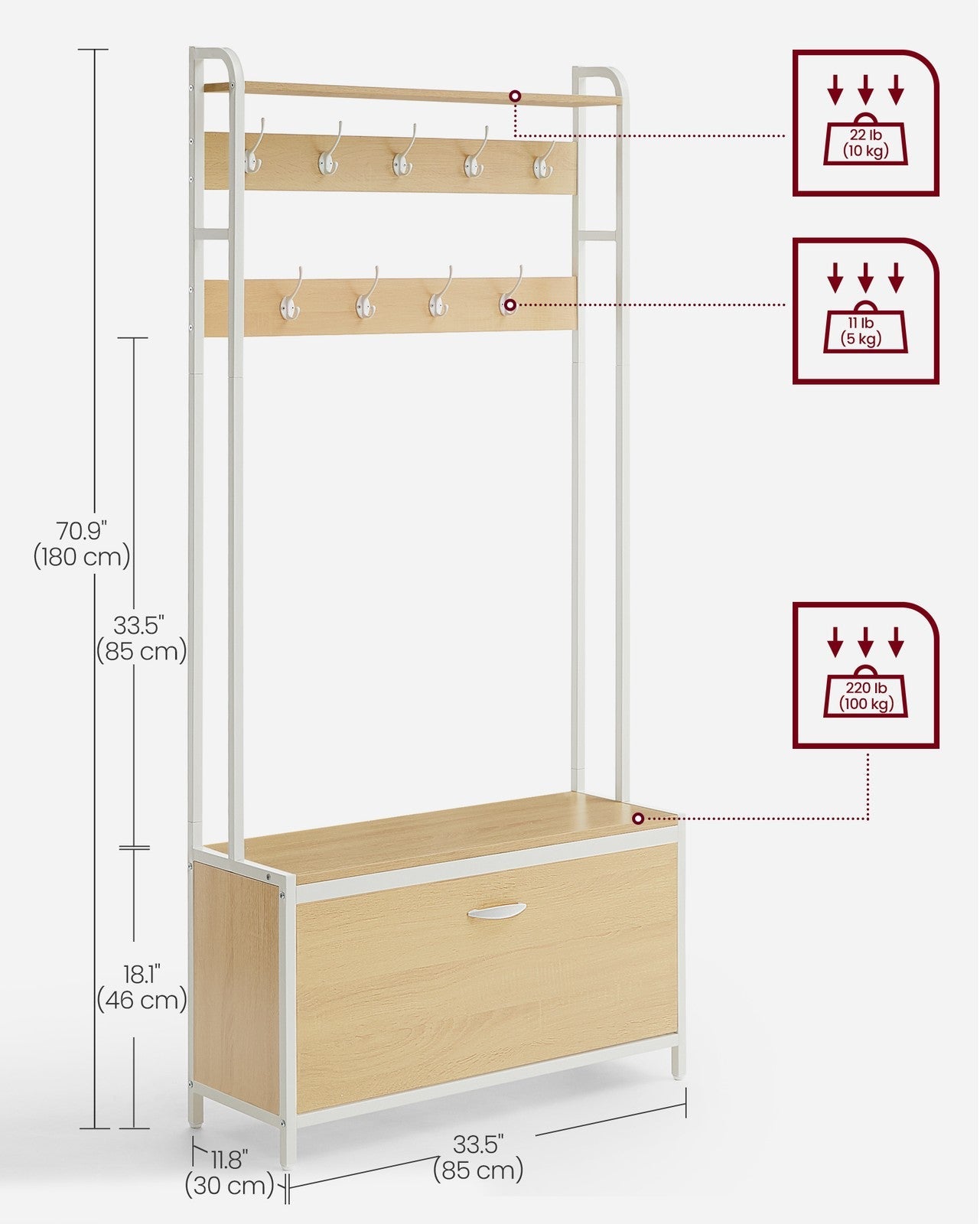 Coat Rack with Shoe Storage – Wood – Golden Oak and Cloud White – Industrial Style with Bench and 9 Hooks