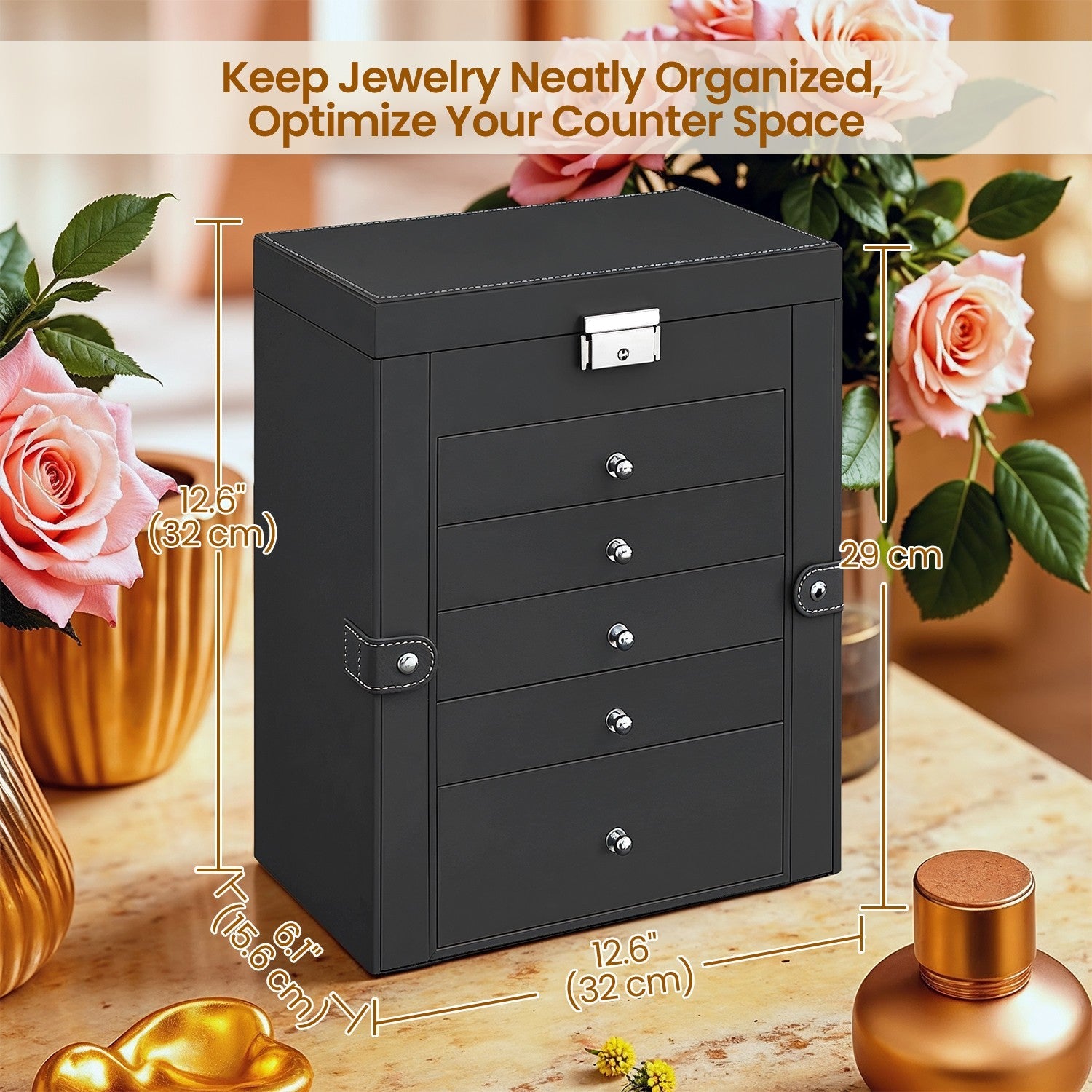 Jewelry Box – Wood – Black – 6 Tiers, 5 Drawers, Lockable with Mirror