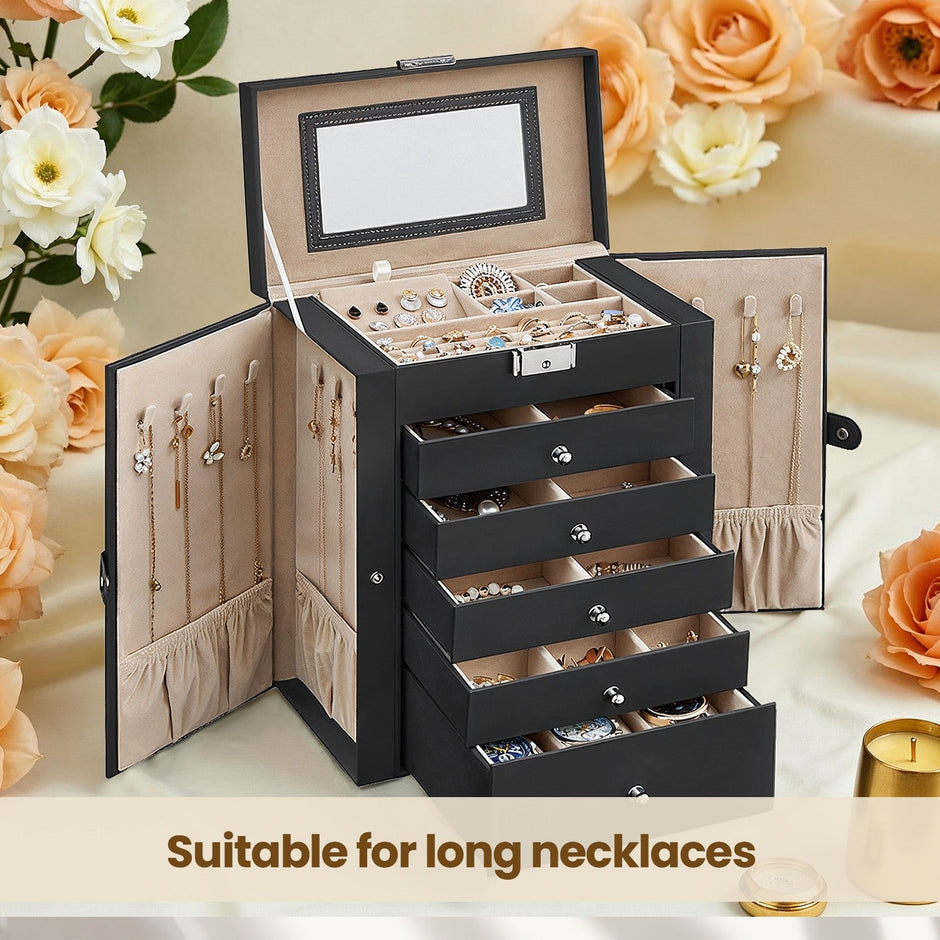 Jewelry Box – Wood – Black – 6 Tiers, 5 Drawers, Lockable with Mirror