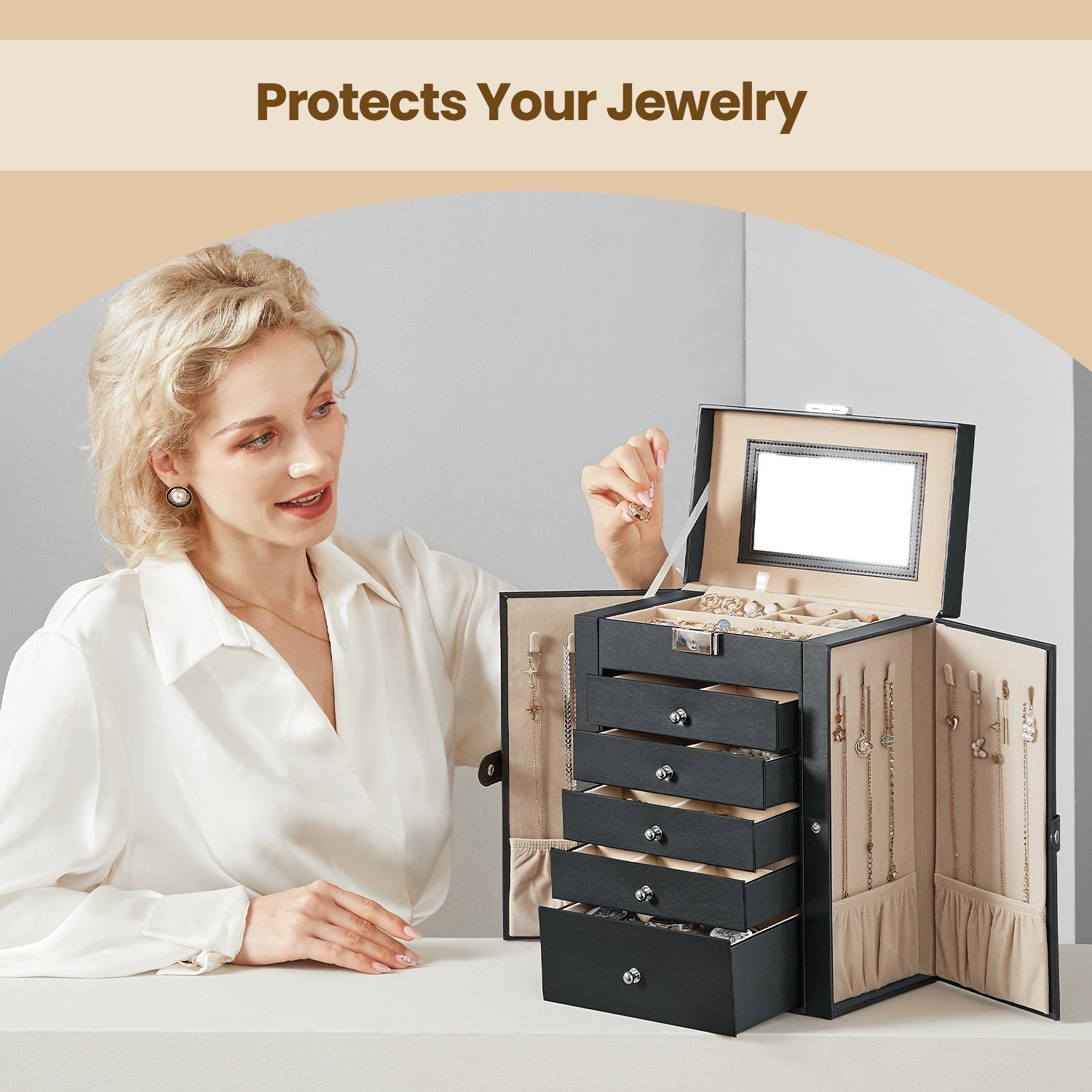 Jewelry Box – Wood – Black – 6 Tiers, 5 Drawers, Lockable with Mirror