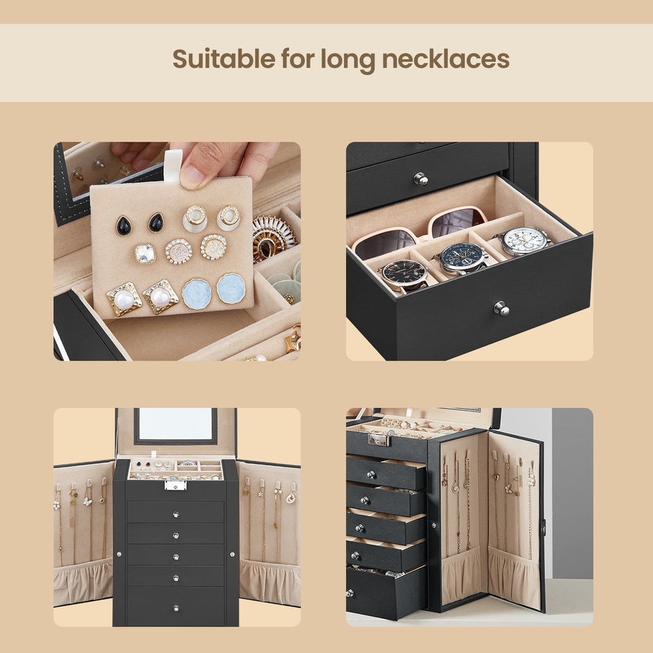 Jewelry Box – Wood – Black – 6 Tiers, 5 Drawers, Lockable with Mirror