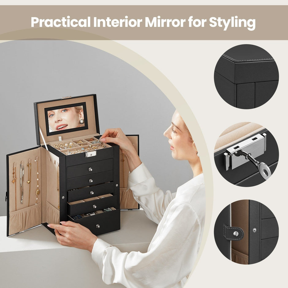 Jewelry Box – Wood – Black – 6 Tiers, 5 Drawers, Lockable with Mirror