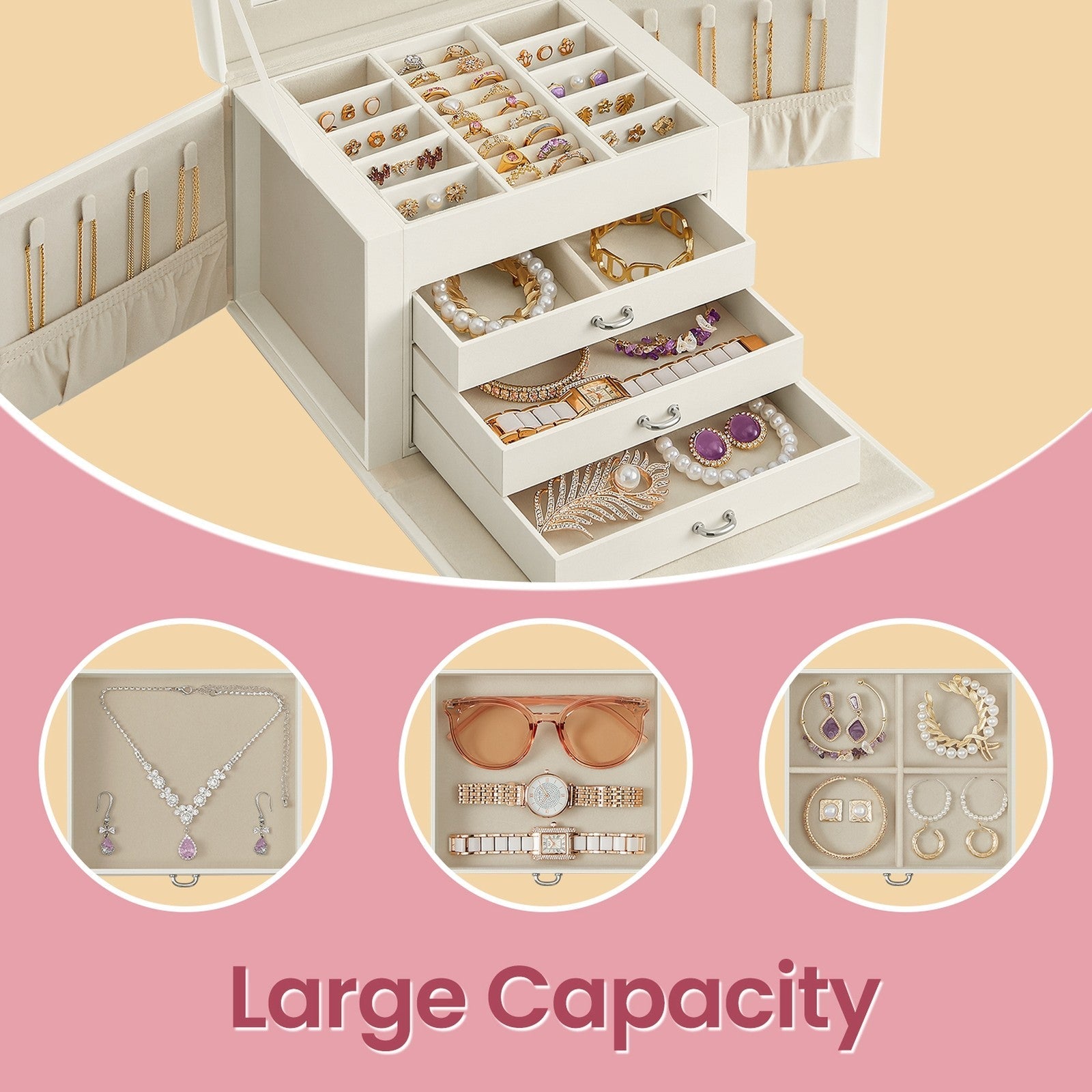 Lockable Travel Jewellery Box – Wood – Grey – 4-Tier Organizer with Mirror and 3 Drawers