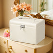 Lockable Travel Jewellery Box – Wood – Grey – 4-Tier Organizer with Mirror and 3 Drawers