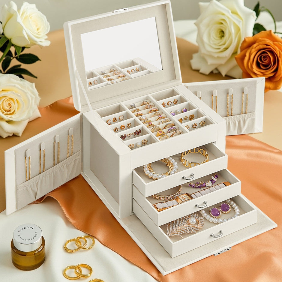 Lockable Travel Jewellery Box – Wood – Grey – 4-Tier Organizer with Mirror and 3 Drawers