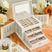 Lockable Travel Jewellery Box – Wood – Grey – 4-Tier Organizer with Mirror and 3 Drawers