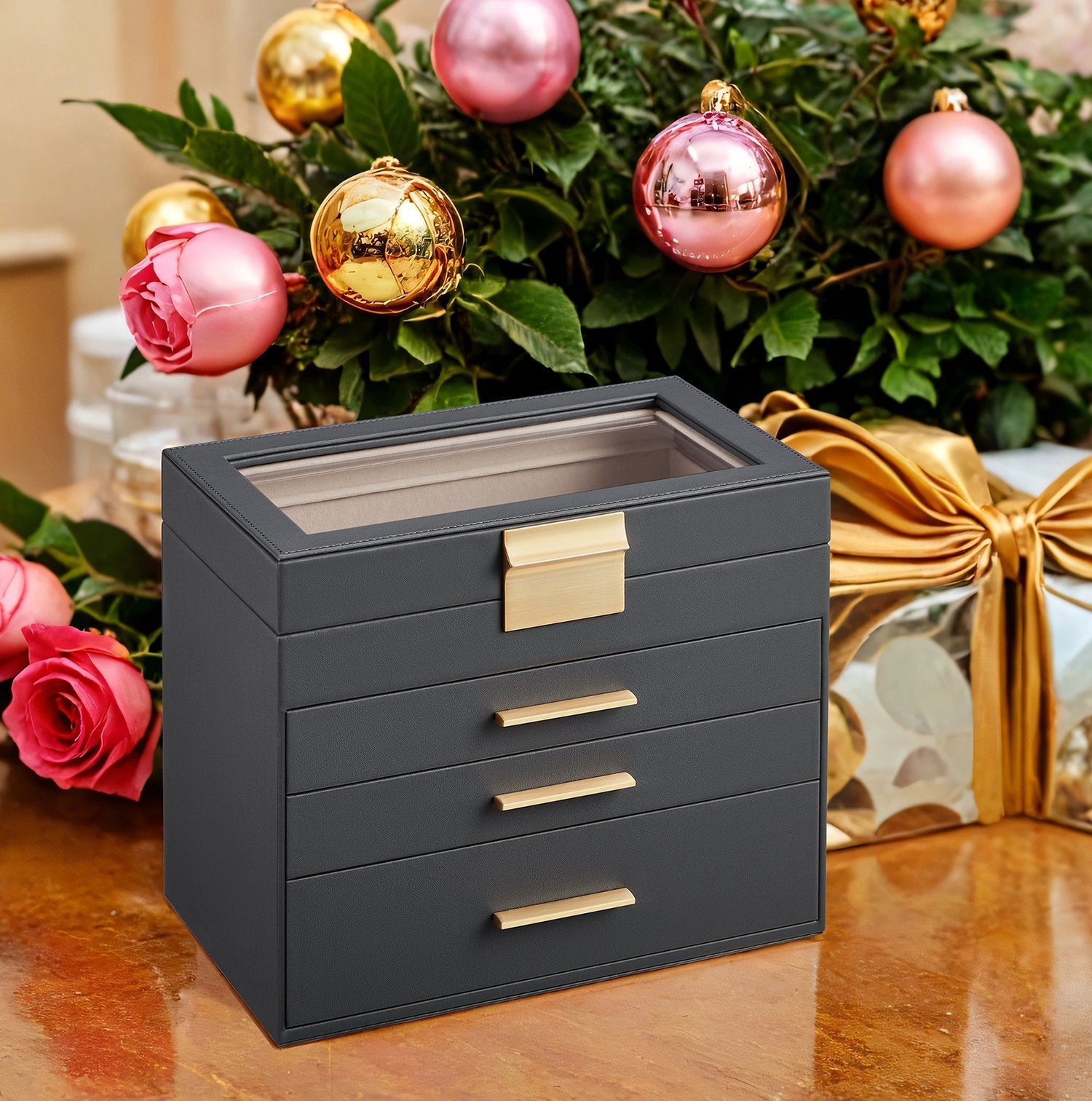 Jewelry Box – Glass – Grey and Gold – 4-Tier Organizer with 3 Drawers