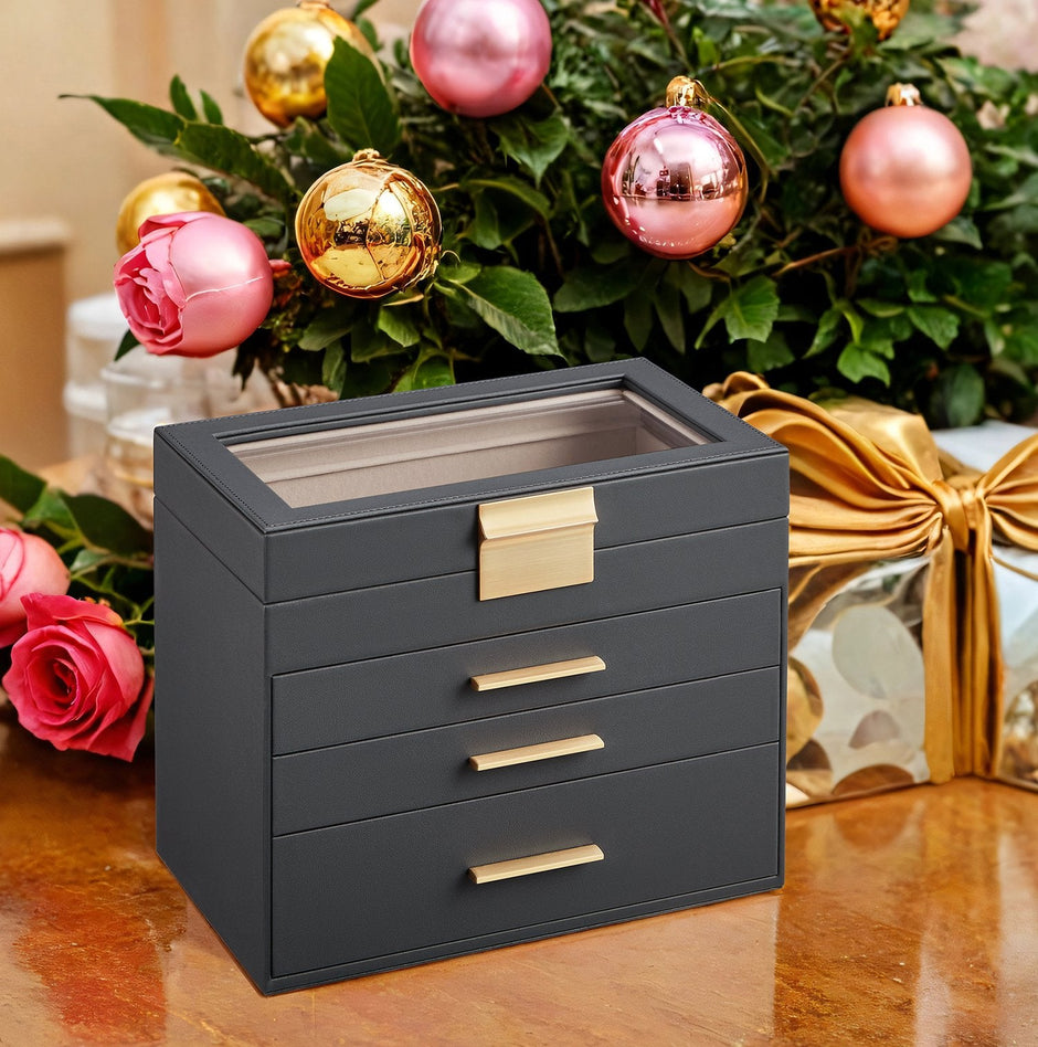 Jewelry Box – Glass – Grey and Gold – 4-Tier Organizer with 3 Drawers