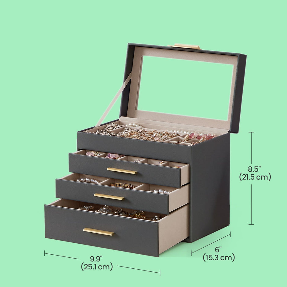 Jewelry Box – Glass – Grey and Gold – 4-Tier Organizer with 3 Drawers