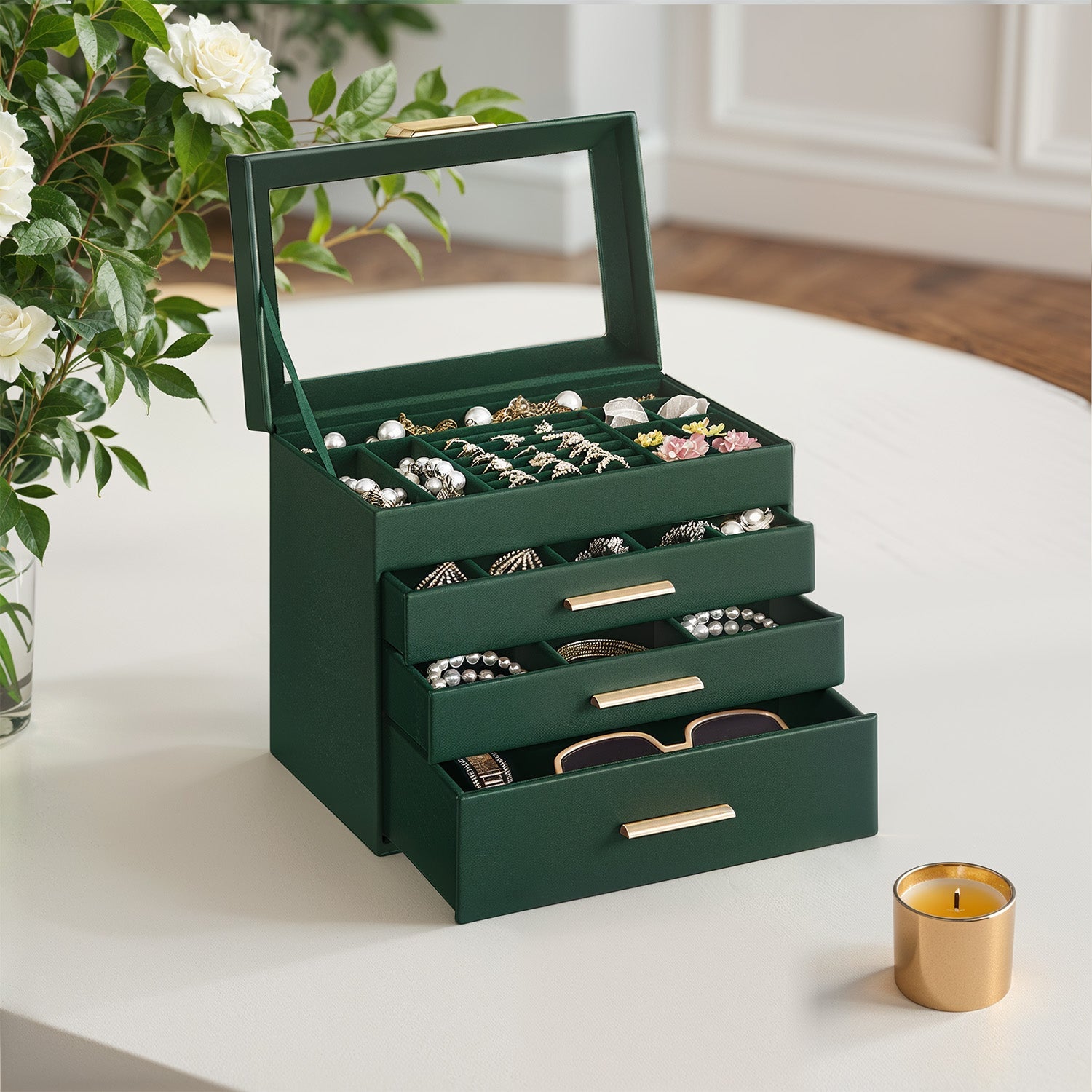 Jewellery Box – Glass – Grey and Gold – 4-Tier Organiser with 3 Drawers