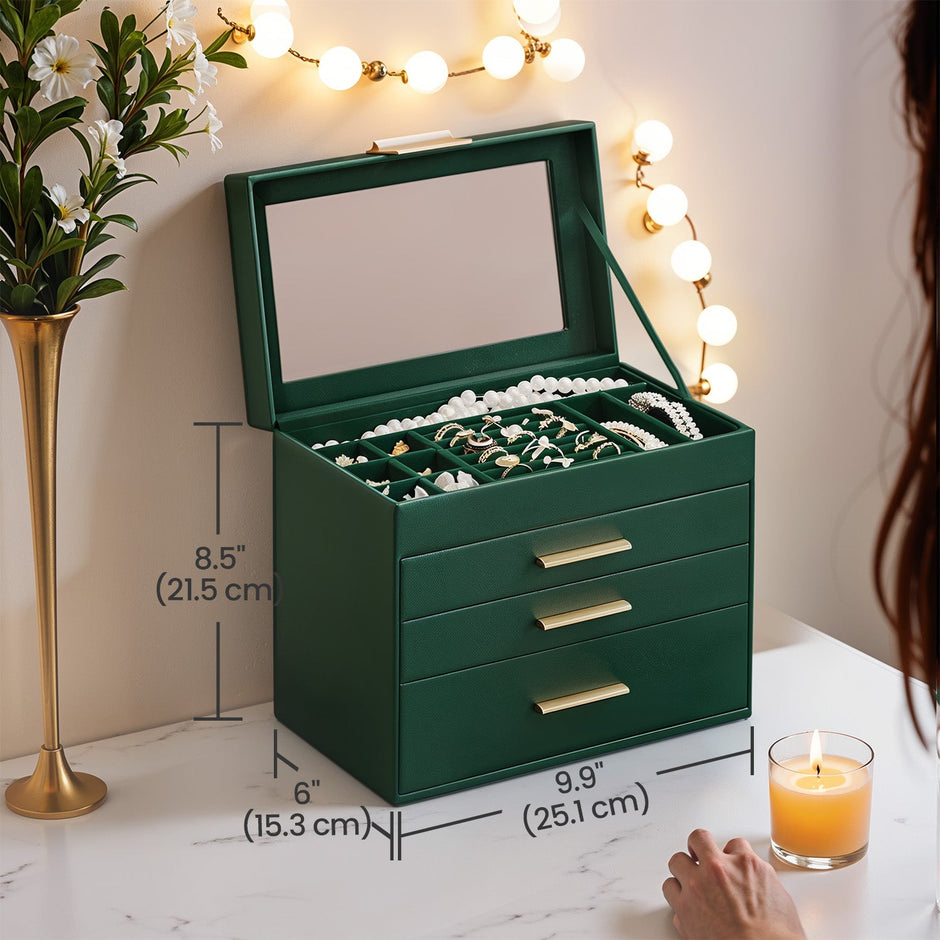 Jewellery Box – Glass – Grey and Gold – 4-Tier Organiser with 3 Drawers