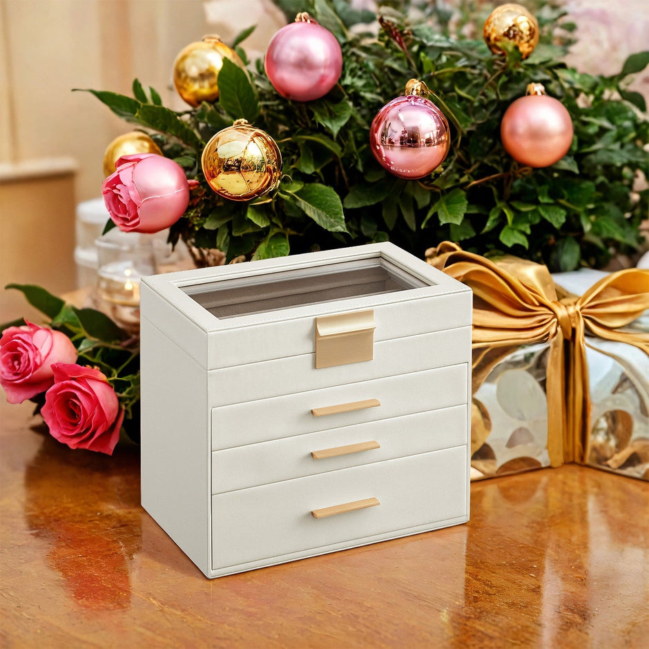 Jewelry Box – Glass – Grey and Gold – 4-Tier Organizer with 3 Drawers
