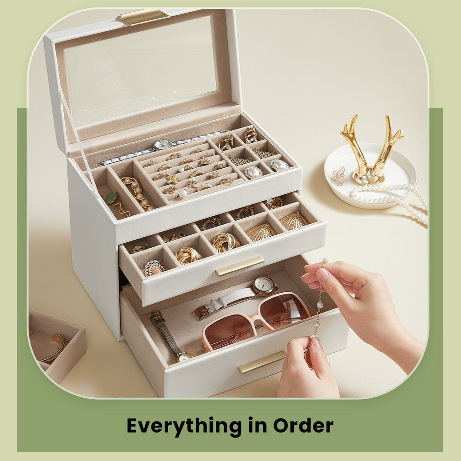 Jewelry Box – Glass – Grey and Gold – 4-Tier Organizer with 3 Drawers