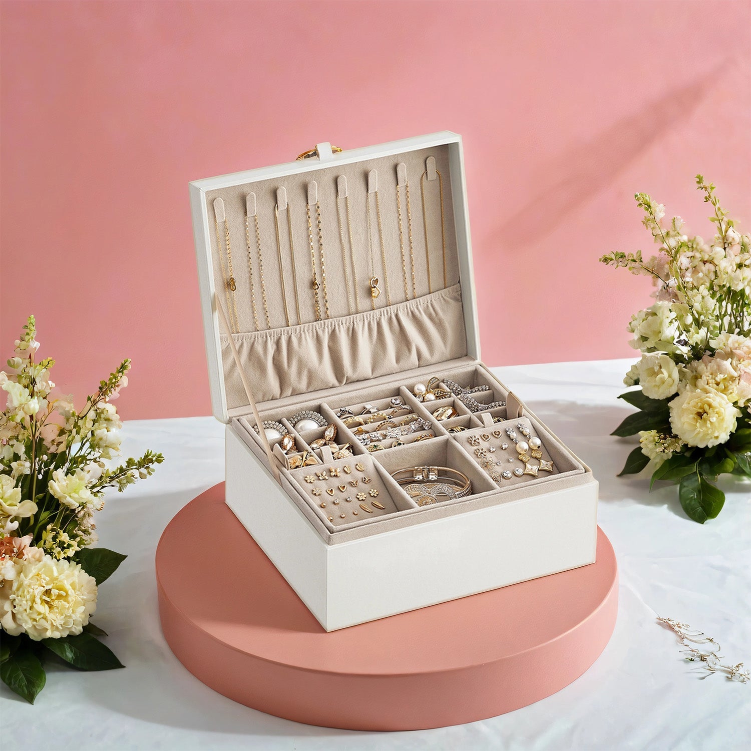 Jewelry Box – Wood – White – 2-Layer with Removable Tray and Handle