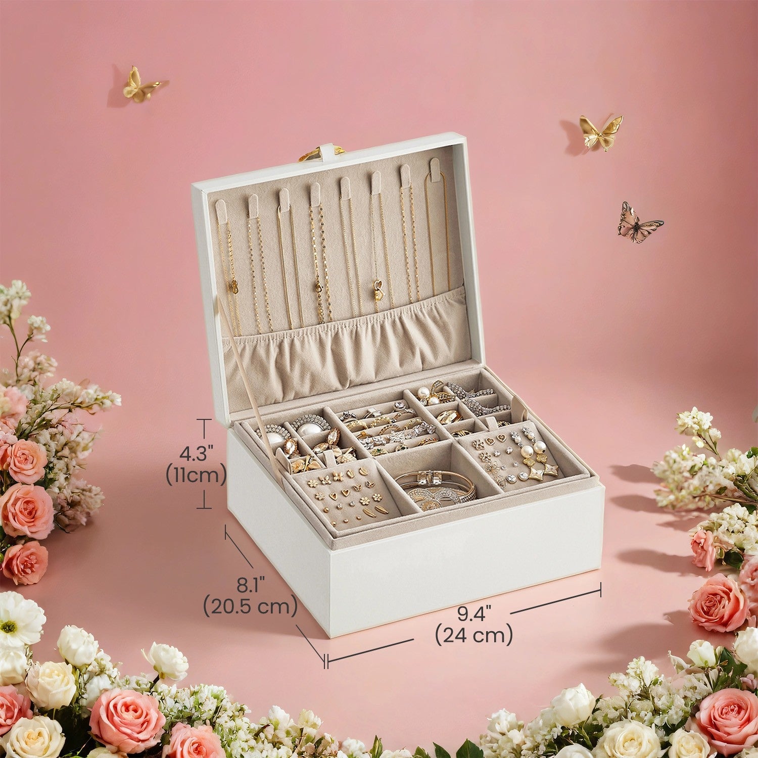 Jewelry Box – Wood – White – 2-Layer with Removable Tray and Handle