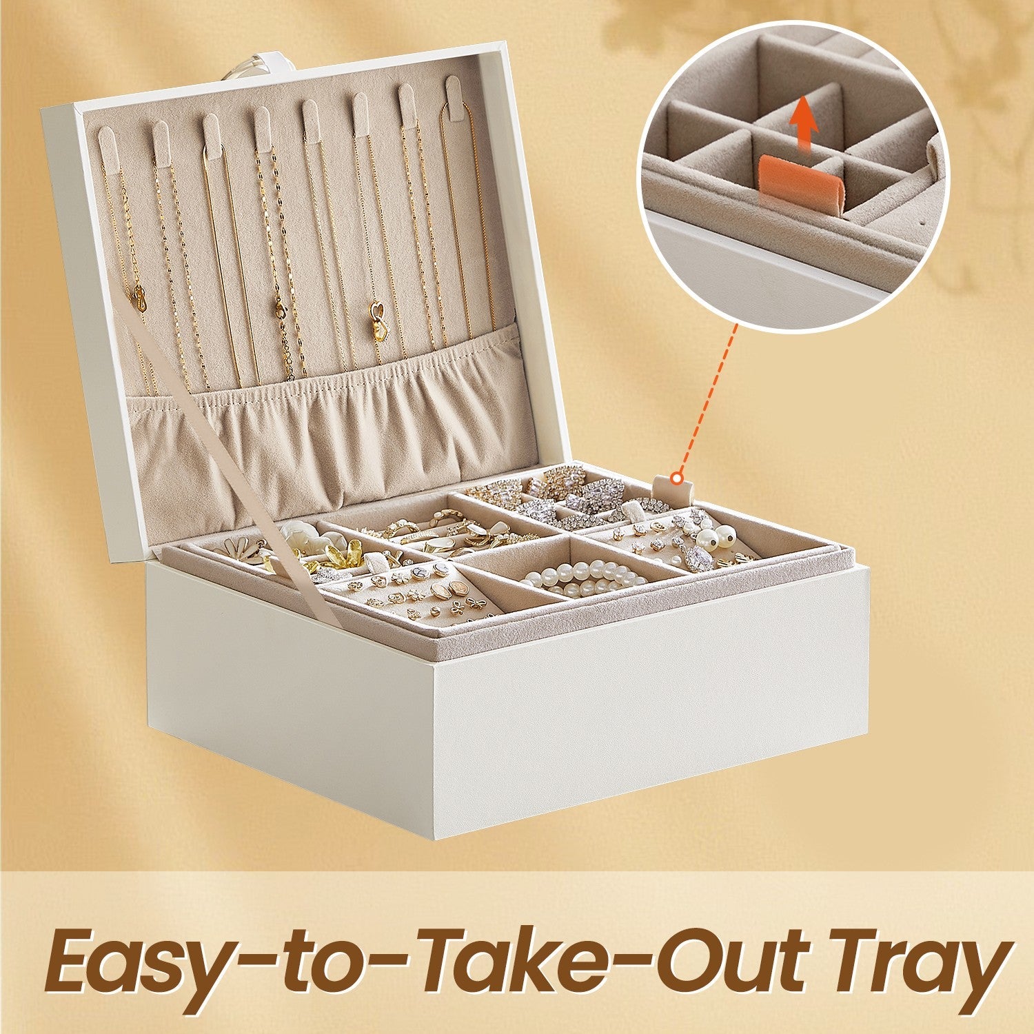 Jewelry Box – Wood – White – 2-Layer with Removable Tray and Handle