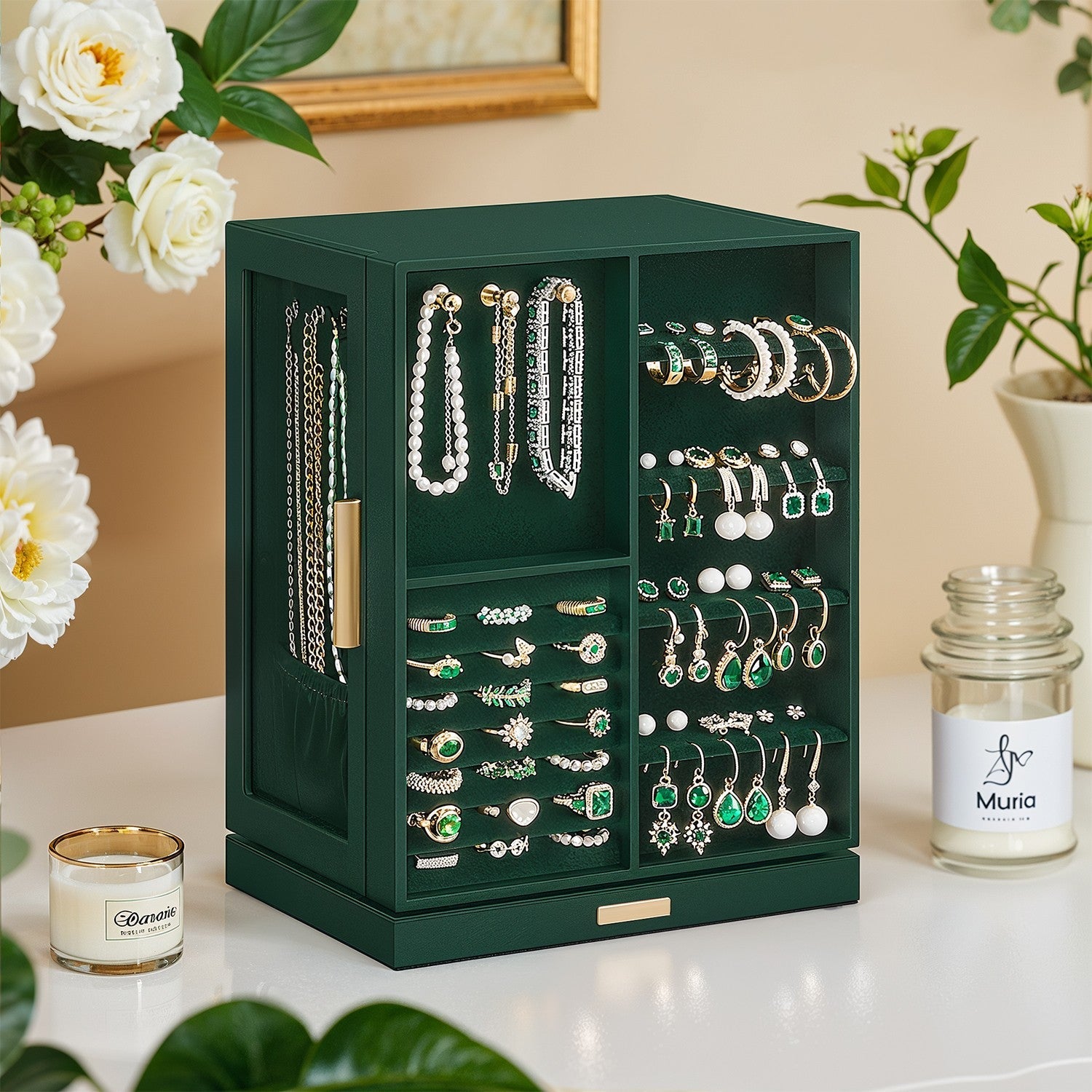 Jewellery Organizer – Glass – Vertical – 360° Rotating with 5 Drawers and Open Design