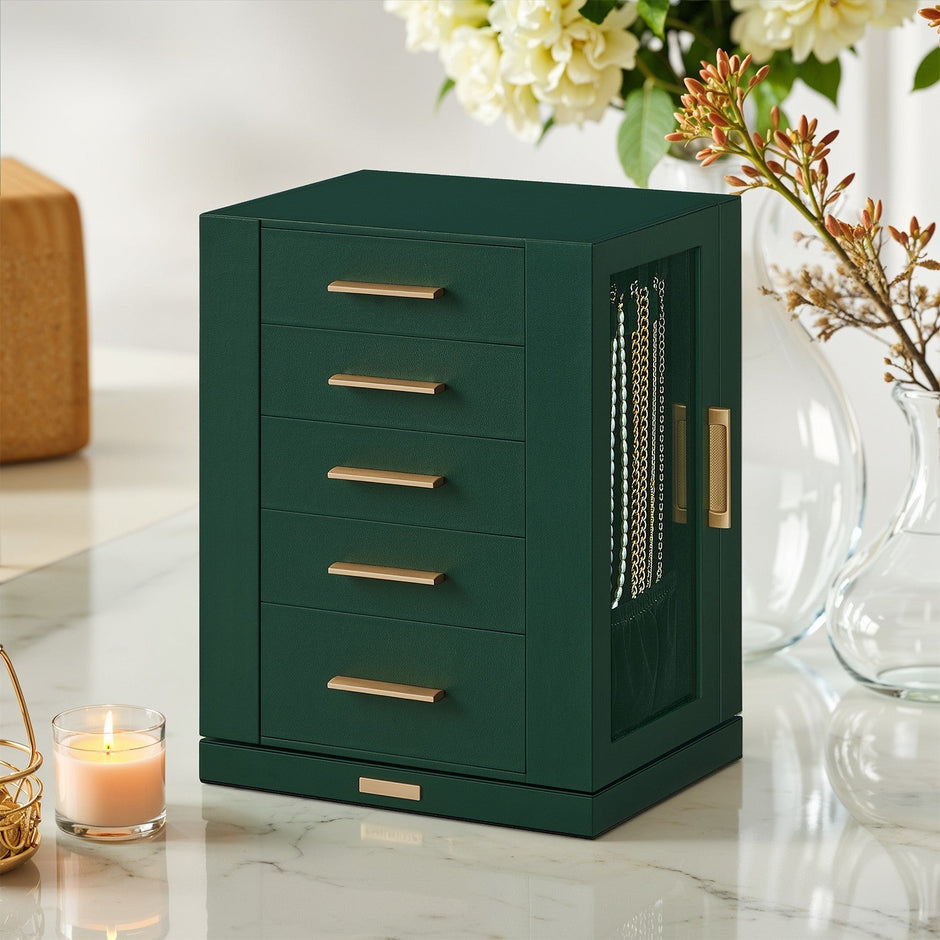 Jewellery Organizer – Glass – Vertical – 360° Rotating with 5 Drawers and Open Design