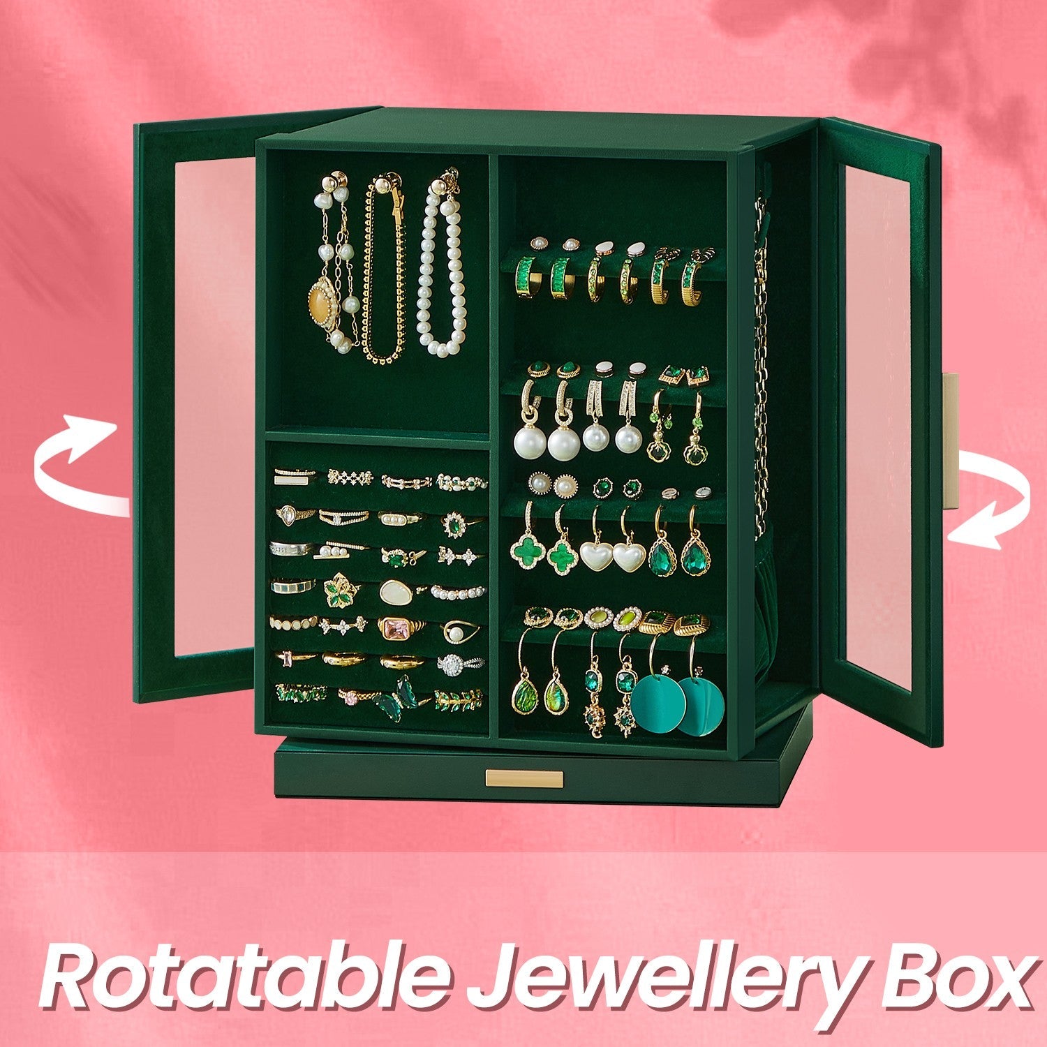 Jewellery Organizer – Glass – Vertical – 360° Rotating with 5 Drawers and Open Design