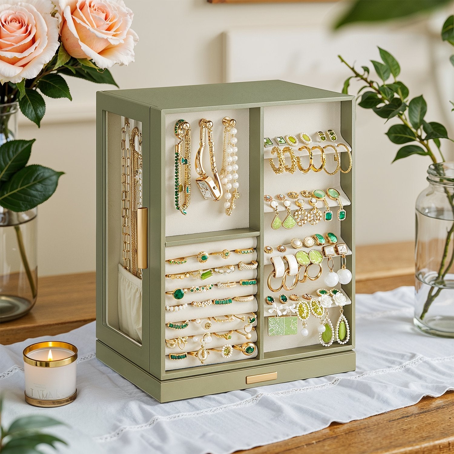 Jewellery Organizer – Glass – Vertical – 360° Rotating with 5 Drawers and Open Design