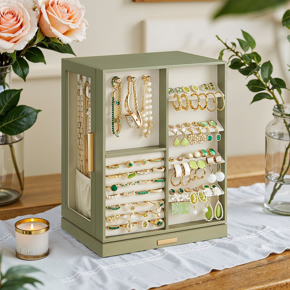 Jewellery Organizer – Glass – Vertical – 360° Rotating with 5 Drawers and Open Design