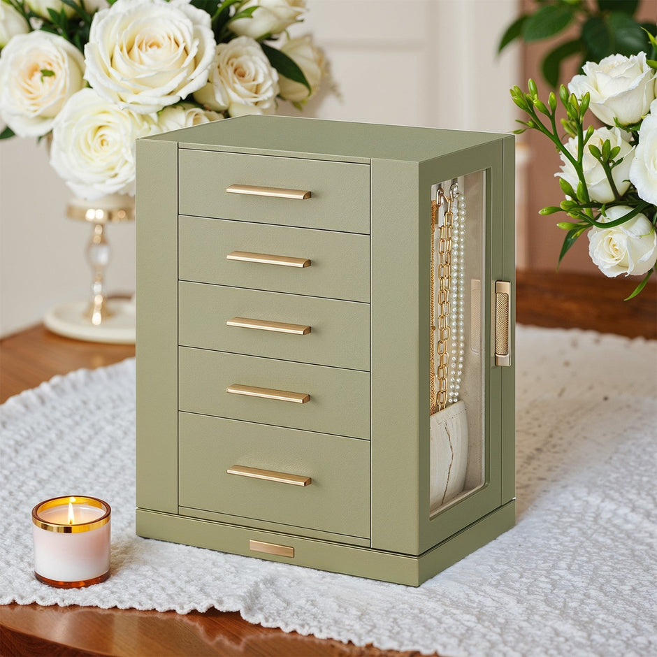 Jewellery Organizer – Glass – Vertical – 360° Rotating with 5 Drawers and Open Design